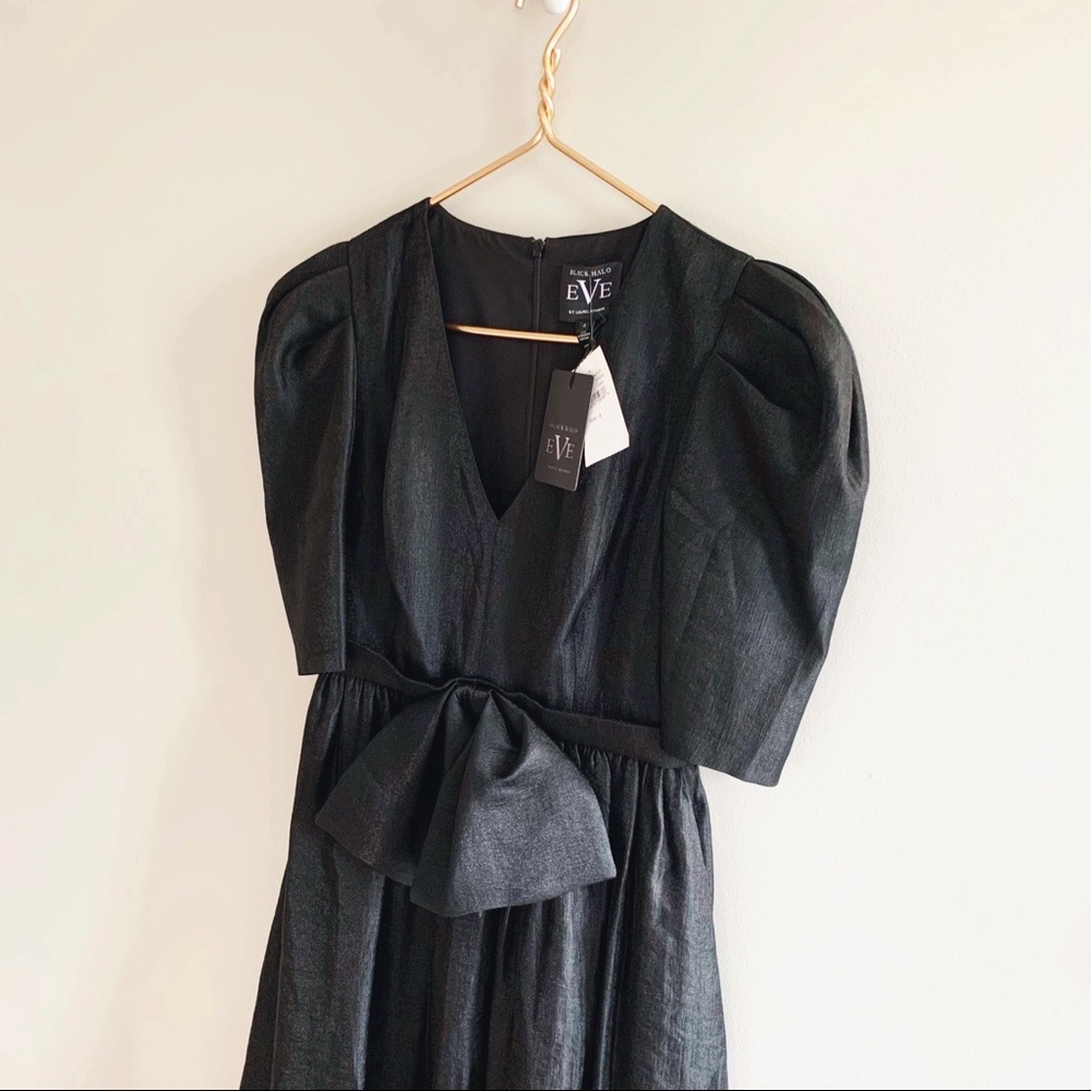 Black Halo Eve Black Puff Sleeve Cocktail Dress Bow Detail 80s Vintage Inspired - Picture 6 of 14
